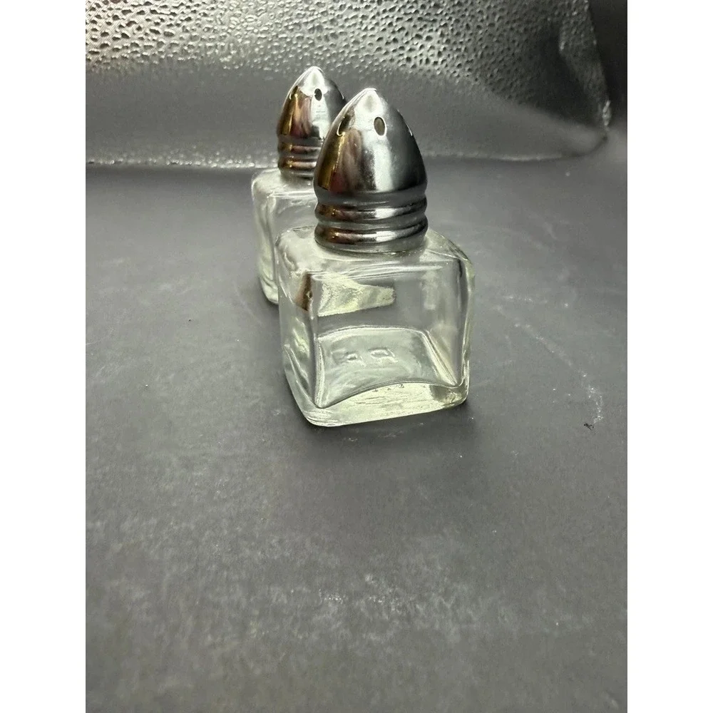 Vintage Clear Glass Salt & Pepper Shakers Square Bottles Chrome Bullet Tops RP